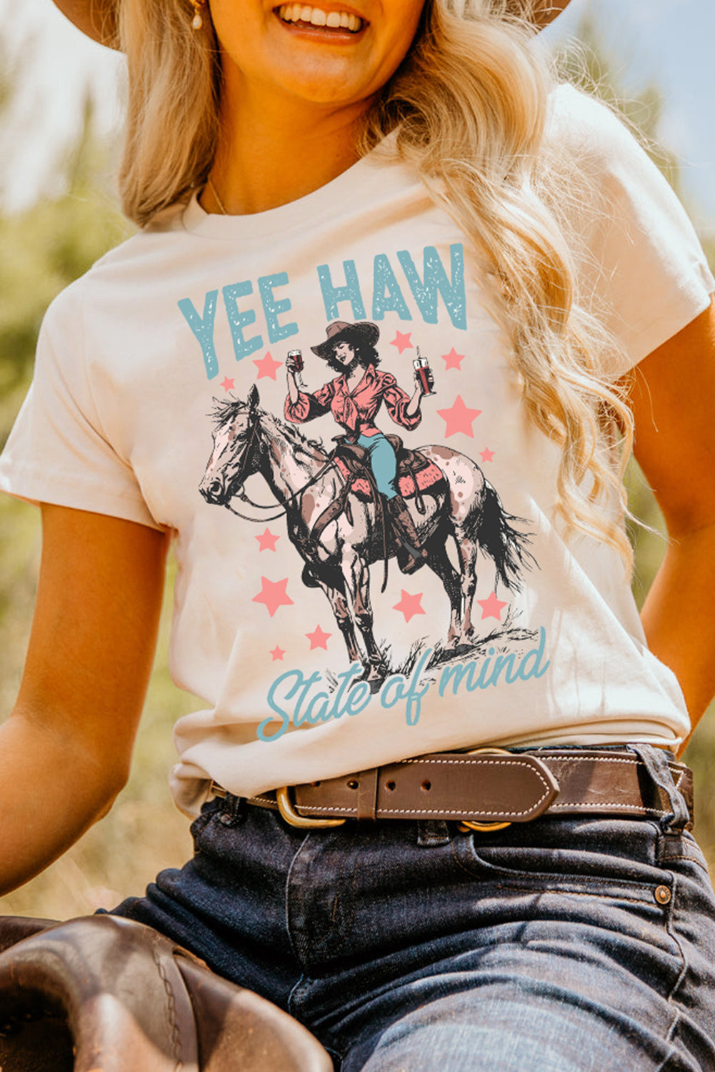 White YEE HAW State of mind Cowgirl Graphic Western Fashion Tee-Graphic/Graphic Tees-[Adult]-[Female]-White-S-2022 Online Blue Zone Planet