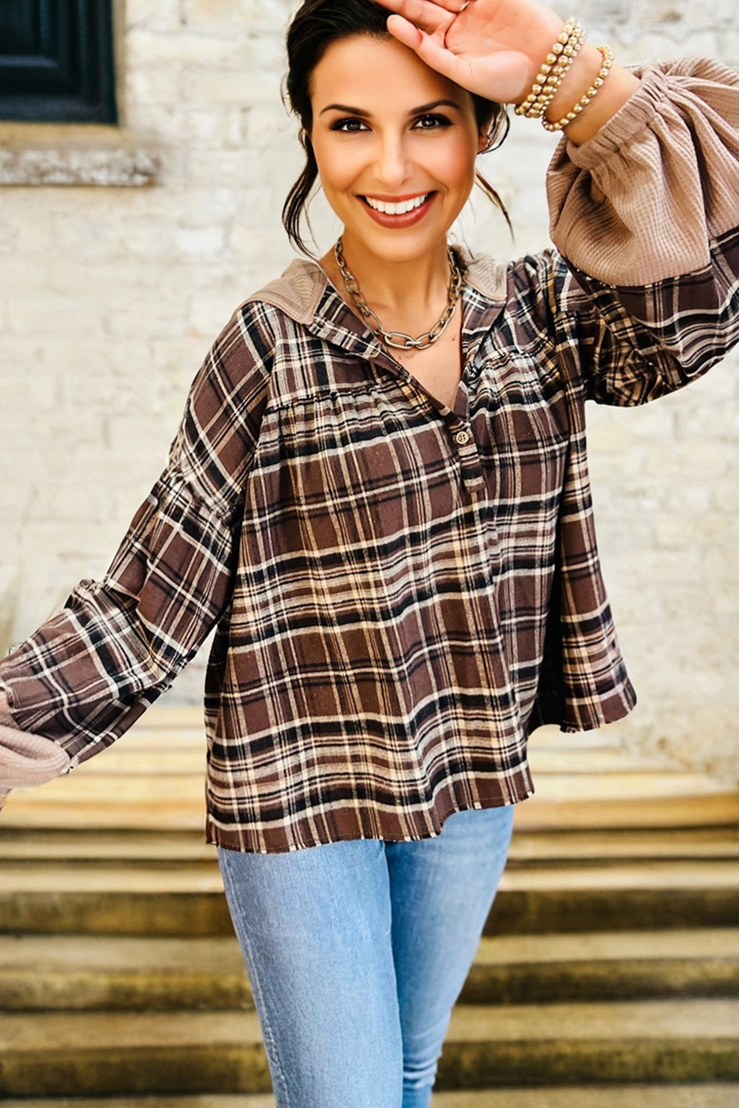 Brown Plaid Patchwork Long Sleeve Button Hooded Blouse-Tops / Dresses-[Adult]-[Female]-2022 Online Blue Zone Planet
