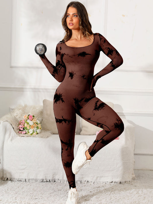 Scoop Neck Long Sleeve Active Jumpsuit-TOPS / DRESSES-[Adult]-[Female]-Dark Brown-S-2022 Online Blue Zone Planet