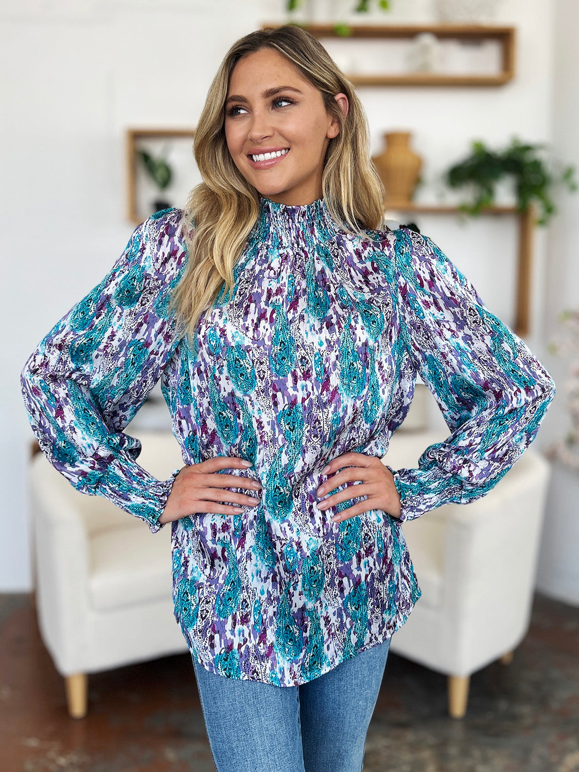 Blue Zone Planet | Double Take Full Size Printed Smocked Long Sleeve Blouse-TOPS / DRESSES-[Adult]-[Female]-2022 Online Blue Zone Planet