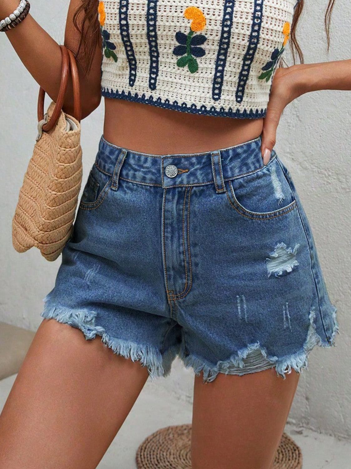 Distressed Raw Hem Denim Shorts-BOTTOMS SIZES SMALL MEDIUM LARGE-[Adult]-[Female]-2022 Online Blue Zone Planet