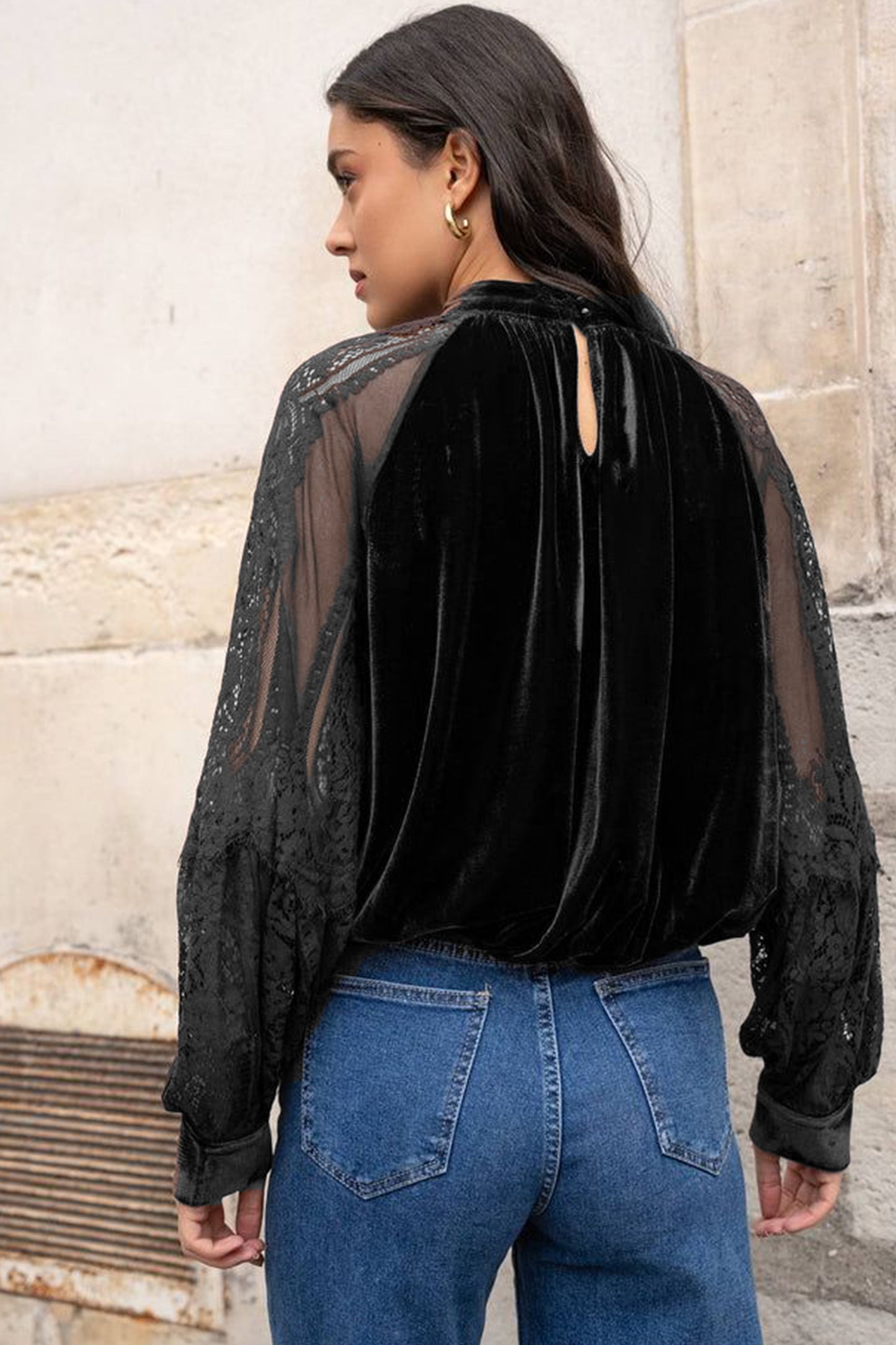 Color Black Solid Color Sheer Lace Long Sleeve Patchwork Stand Neck Velvet Blouse-Tops/Blouses & Shirts-[Adult]-[Female]-2022 Online Blue Zone Planet
