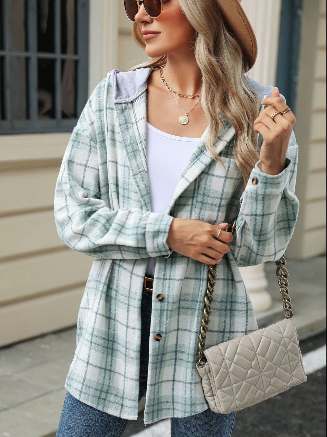 Drawstring Plaid Button Up Hooded Jacket-TOPS / DRESSES-[Adult]-[Female]-2022 Online Blue Zone Planet