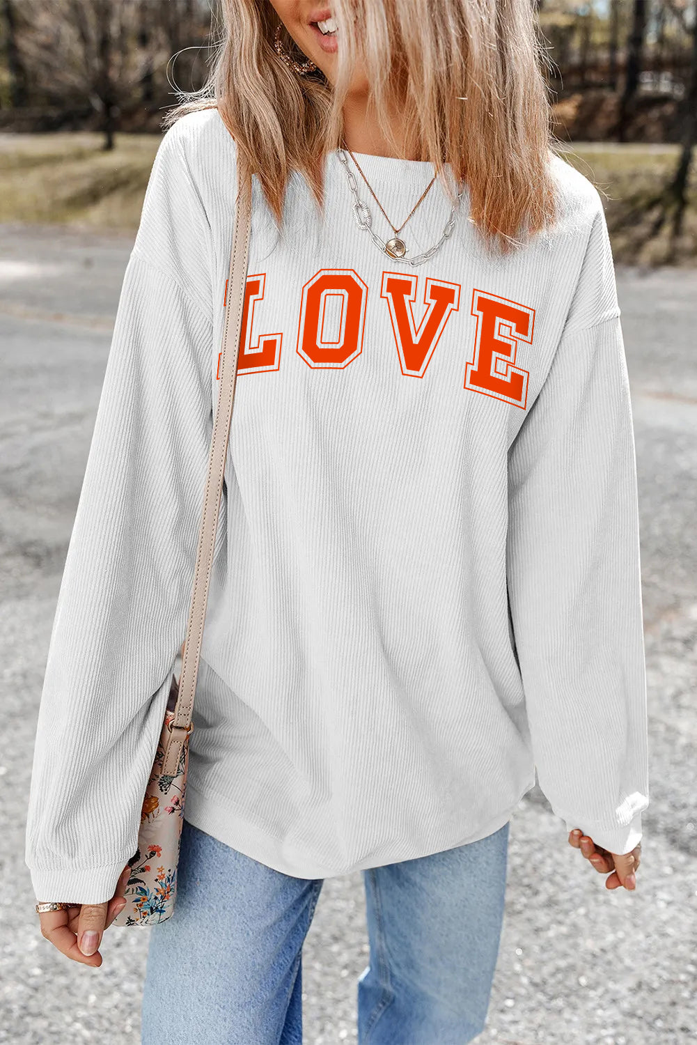 Blue Zone Planet | White LOVE Printed Crewneck Valentines Pullover Sweatshirt-Graphic Sweatshirts-[Adult]-[Female]-2022 Online Blue Zone Planet