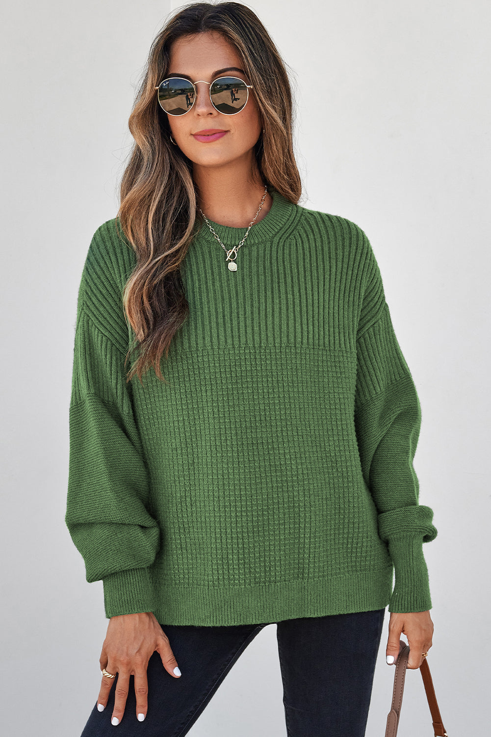 Vineyard Green Solid Color Mixed Textured Knitted Crew Neck Sweater-Sweaters & Cardigans/Sweaters-[Adult]-[Female]-Vineyard Green-S-2022 Online Blue Zone Planet