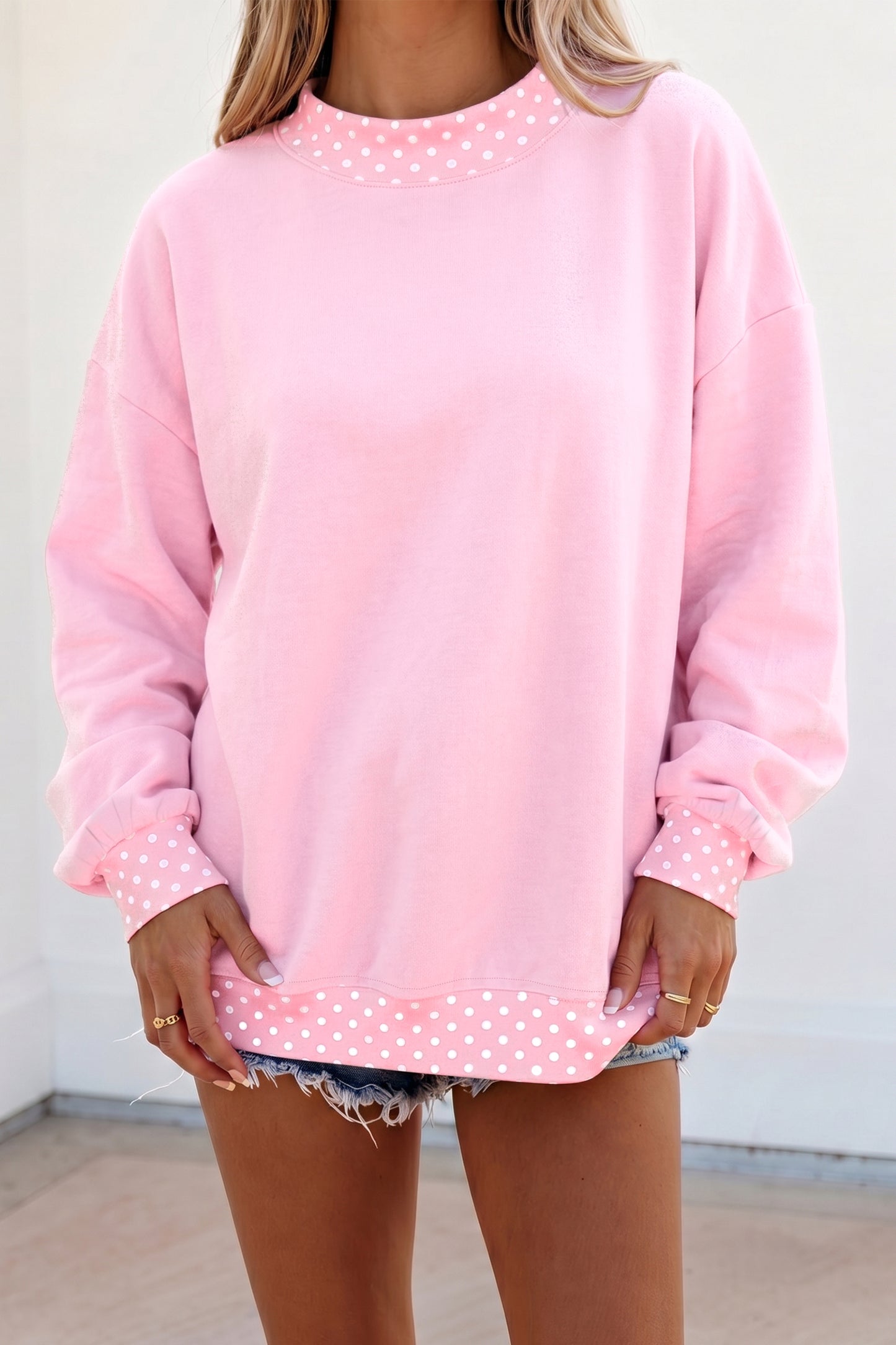 Dirty blue Colorblock Polka Dot Contrast Trim Oversized Sweatshirt-Tops/Sweatshirts & Hoodies-[Adult]-[Female]-Pink-S-2022 Online Blue Zone Planet