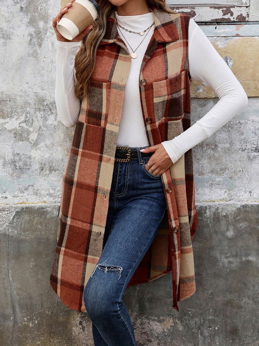 Pocketed Button Up Plaid Vest-TOPS / DRESSES-[Adult]-[Female]-Terracotta-S-2022 Online Blue Zone Planet