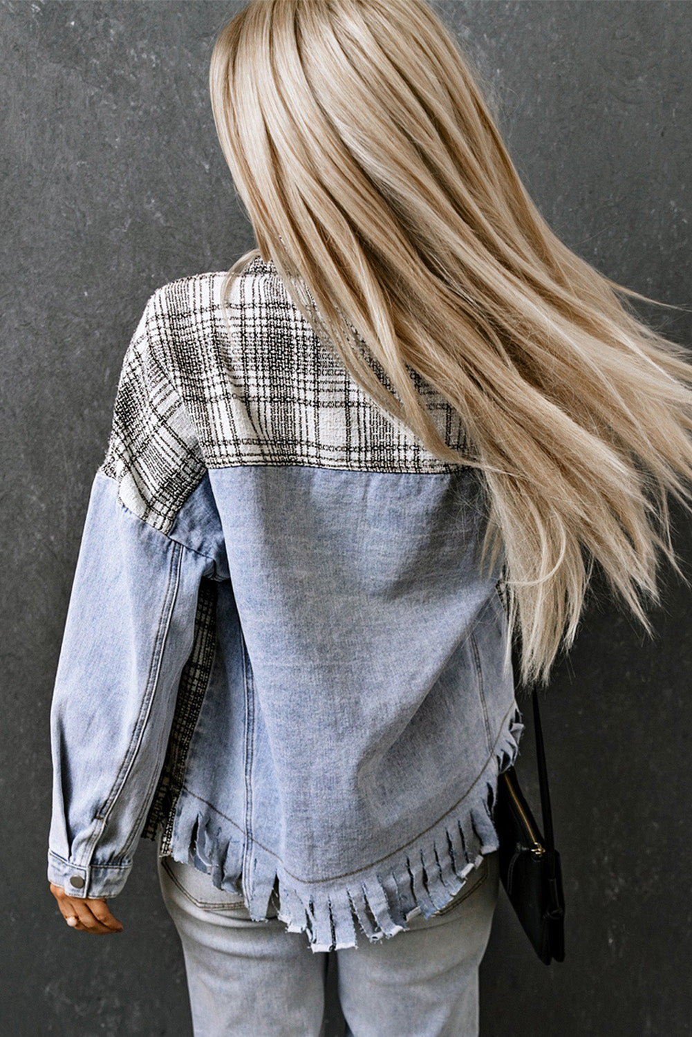 Sky Blue Plaid Patchwork Fringed Flap Pockets Denim Jacket-Outerwear/Denim jackets-[Adult]-[Female]-2022 Online Blue Zone Planet