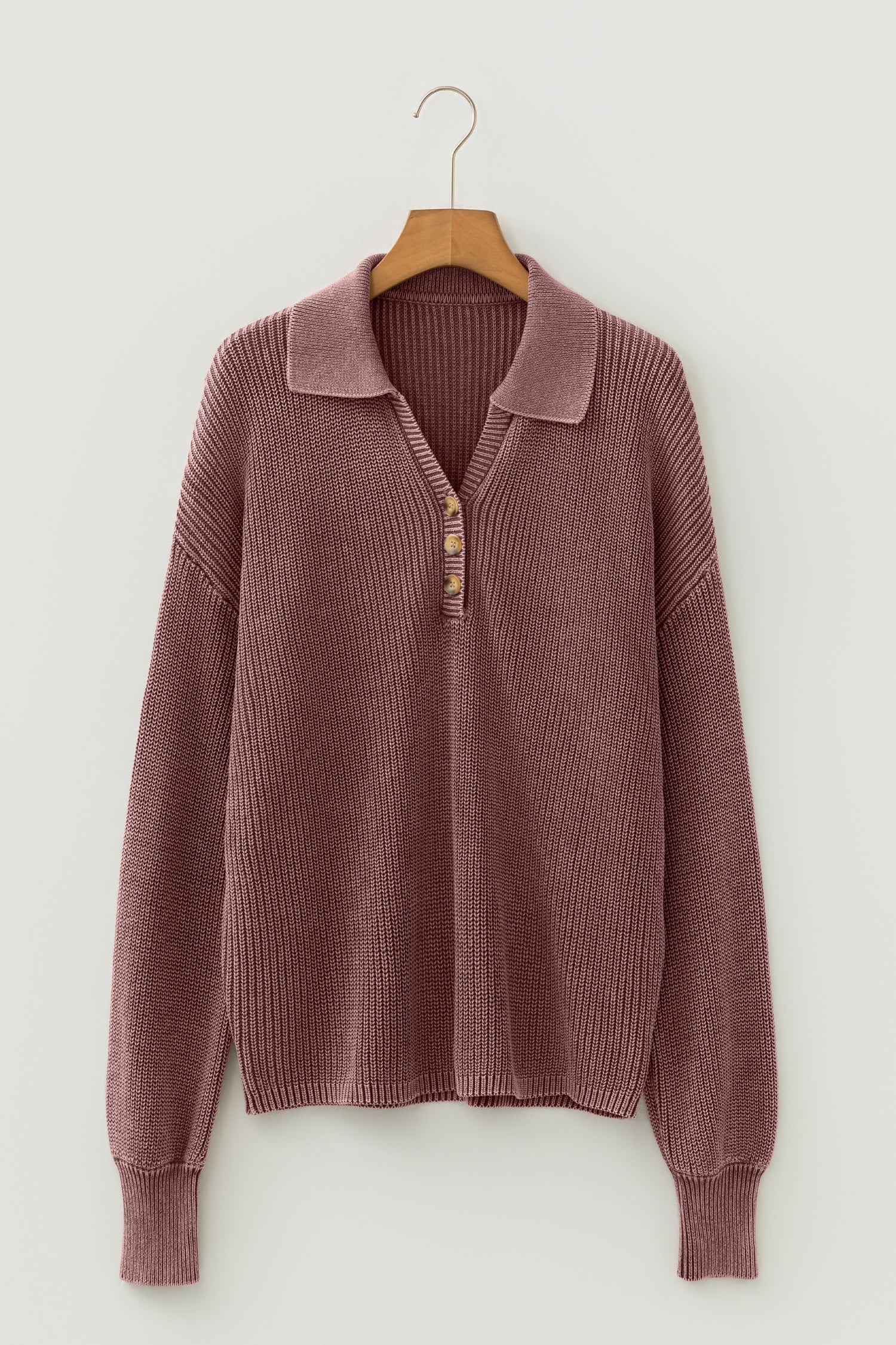 Dark Brown Mineral Washed Knit Button Polo Collar Loose Sweater-TOPS / DRESSES-[Adult]-[Female]-2022 Online Blue Zone Planet