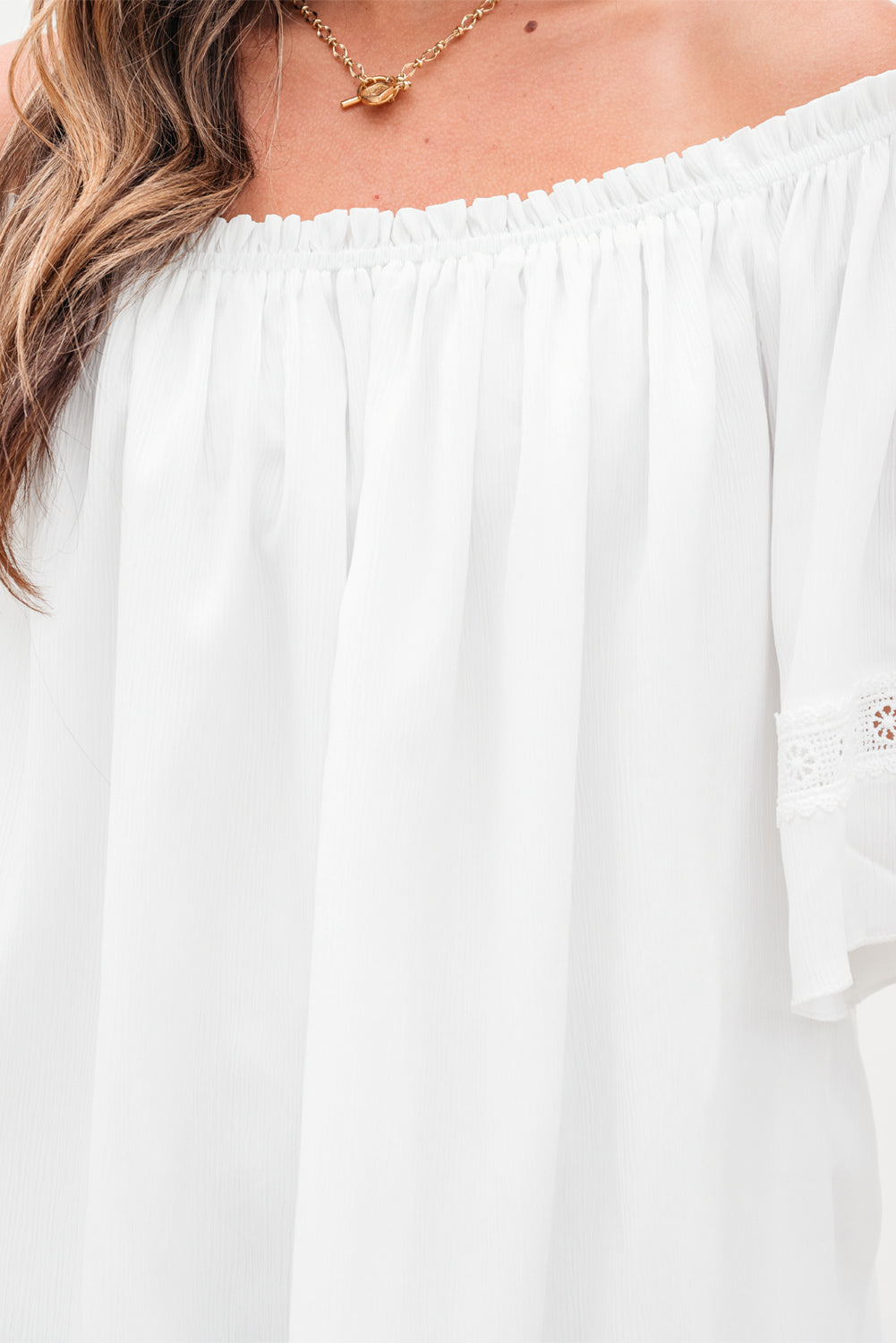 White Frilly Off Shoulder Lace Insert Sleeve Textured Blouse-Tops/Blouses & Shirts-[Adult]-[Female]-2022 Online Blue Zone Planet
