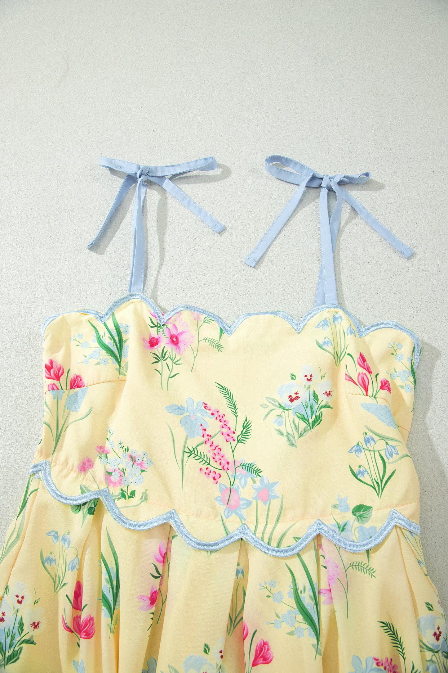 Beige Floral Print Contrast Trim Self-tie Straps High Waist Midi Dress-TOPS / DRESSES-[Adult]-[Female]-2022 Online Blue Zone Planet