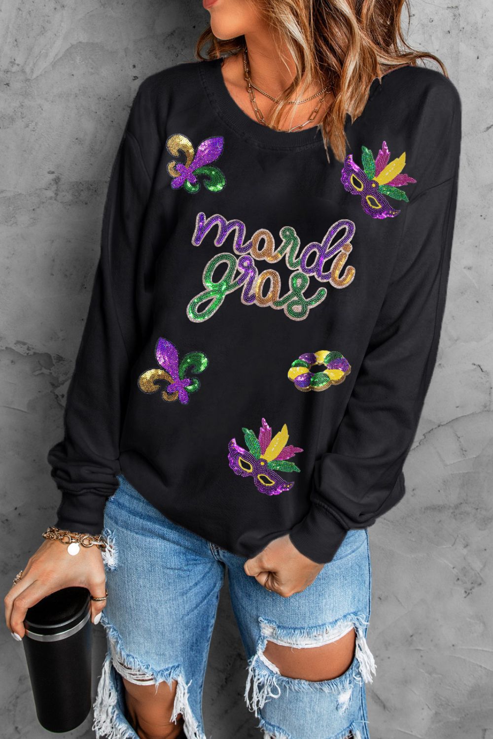 MARDI GRAS Sequin Round Neck Sweatshirt-TOPS / DRESSES-[Adult]-[Female]-2022 Online Blue Zone Planet