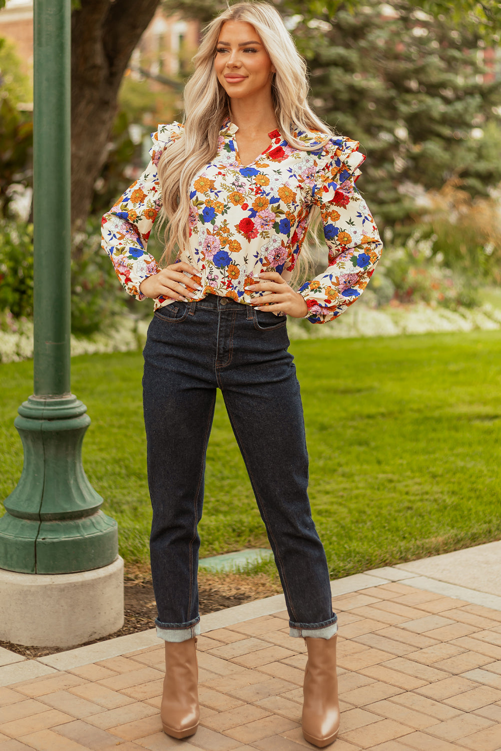 Apricot Ruffled Shoulder Long Sleeve Floral Blouse-Tops/Blouses & Shirts-[Adult]-[Female]-2022 Online Blue Zone Planet