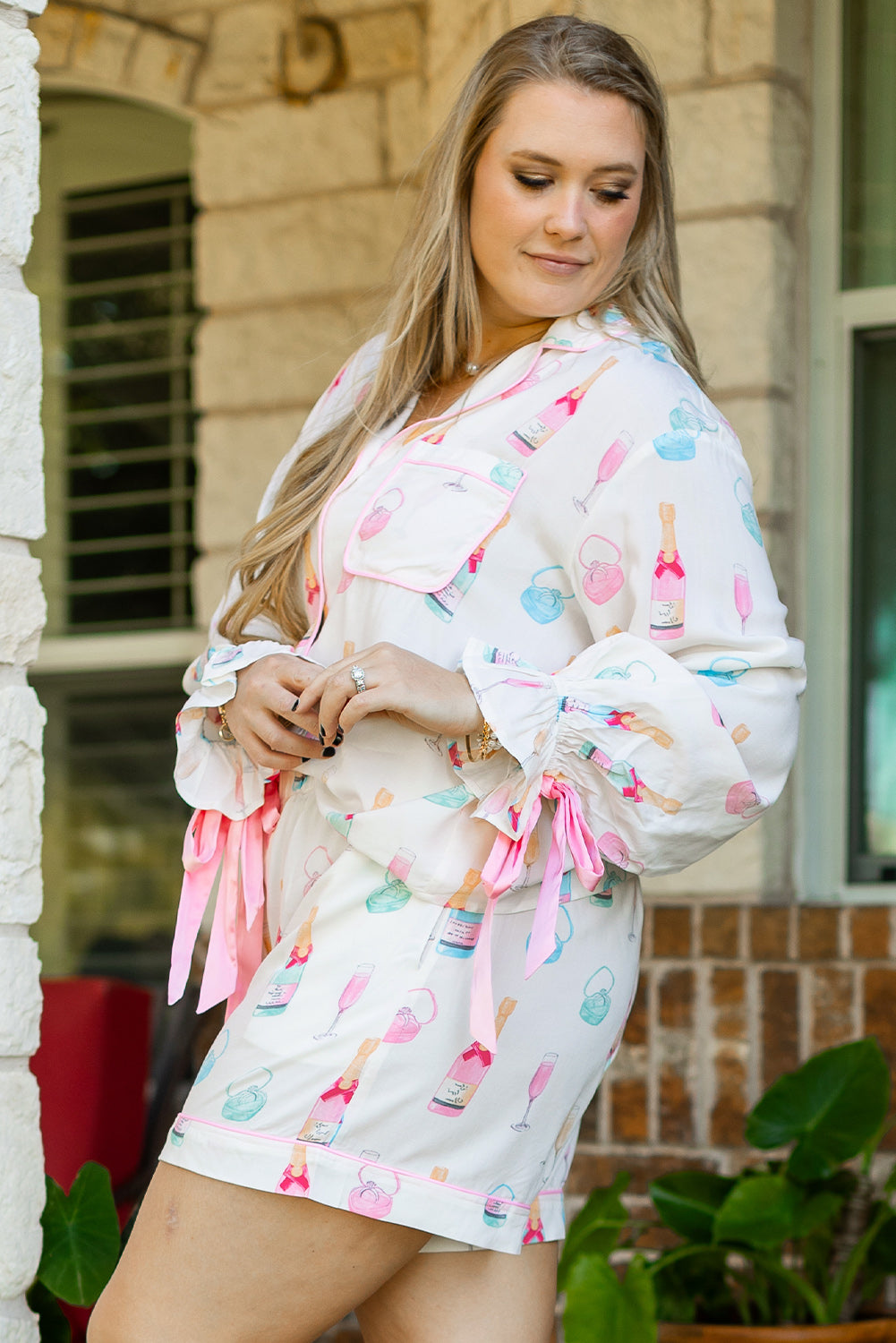 White Wine Glass Print Ribbon Bow Decor Plus Size Pajama Set-Plus Size Matching Sets-[Adult]-[Female]-2022 Online Blue Zone Planet