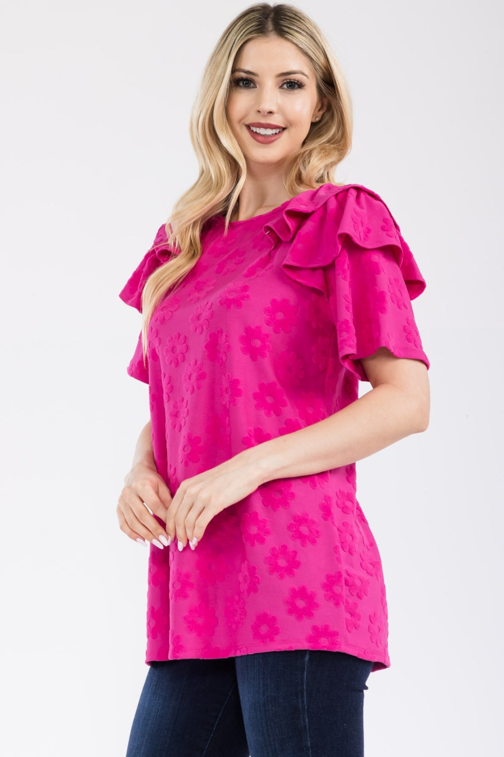 Celeste Full Size Ruffle Layered Short Sleeve Daisy Floral Top-TOPS / DRESSES-[Adult]-[Female]-Fuchsia-S-2022 Online Blue Zone Planet