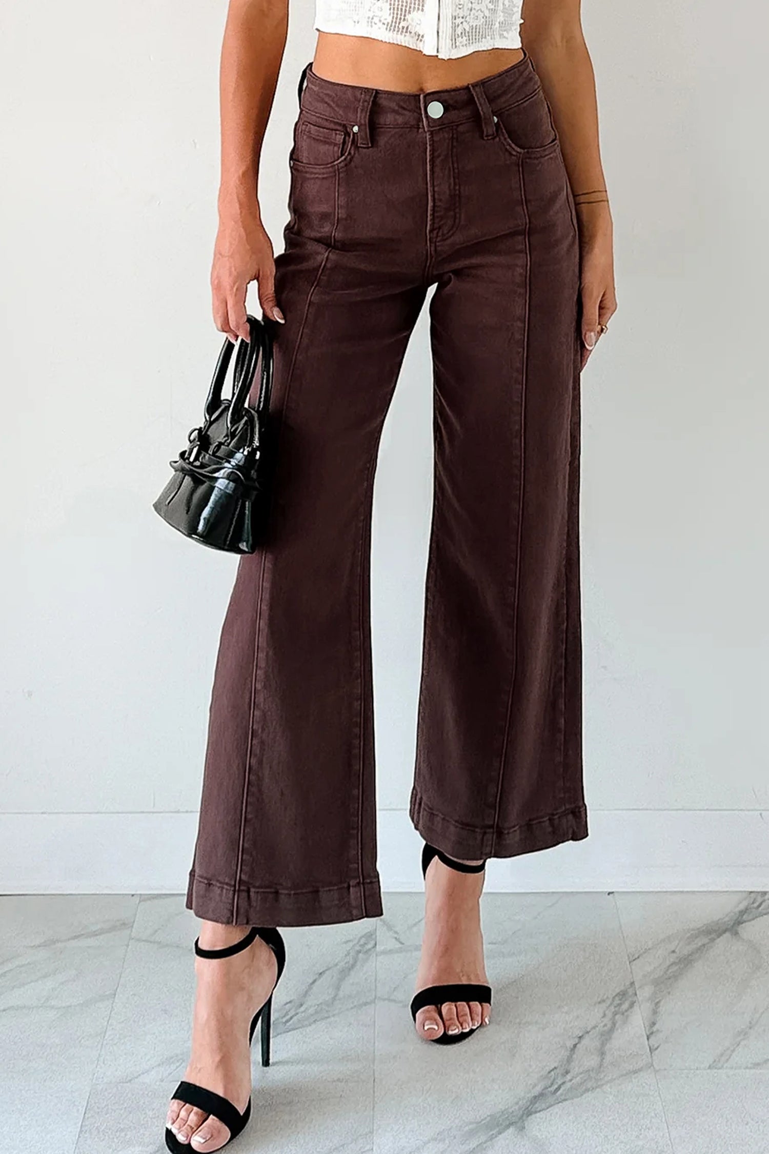 Red Sandalwood Solid Color Seamed Center Wide Leg Cropped Jeans-Bottoms/Jeans-[Adult]-[Female]-2022 Online Blue Zone Planet