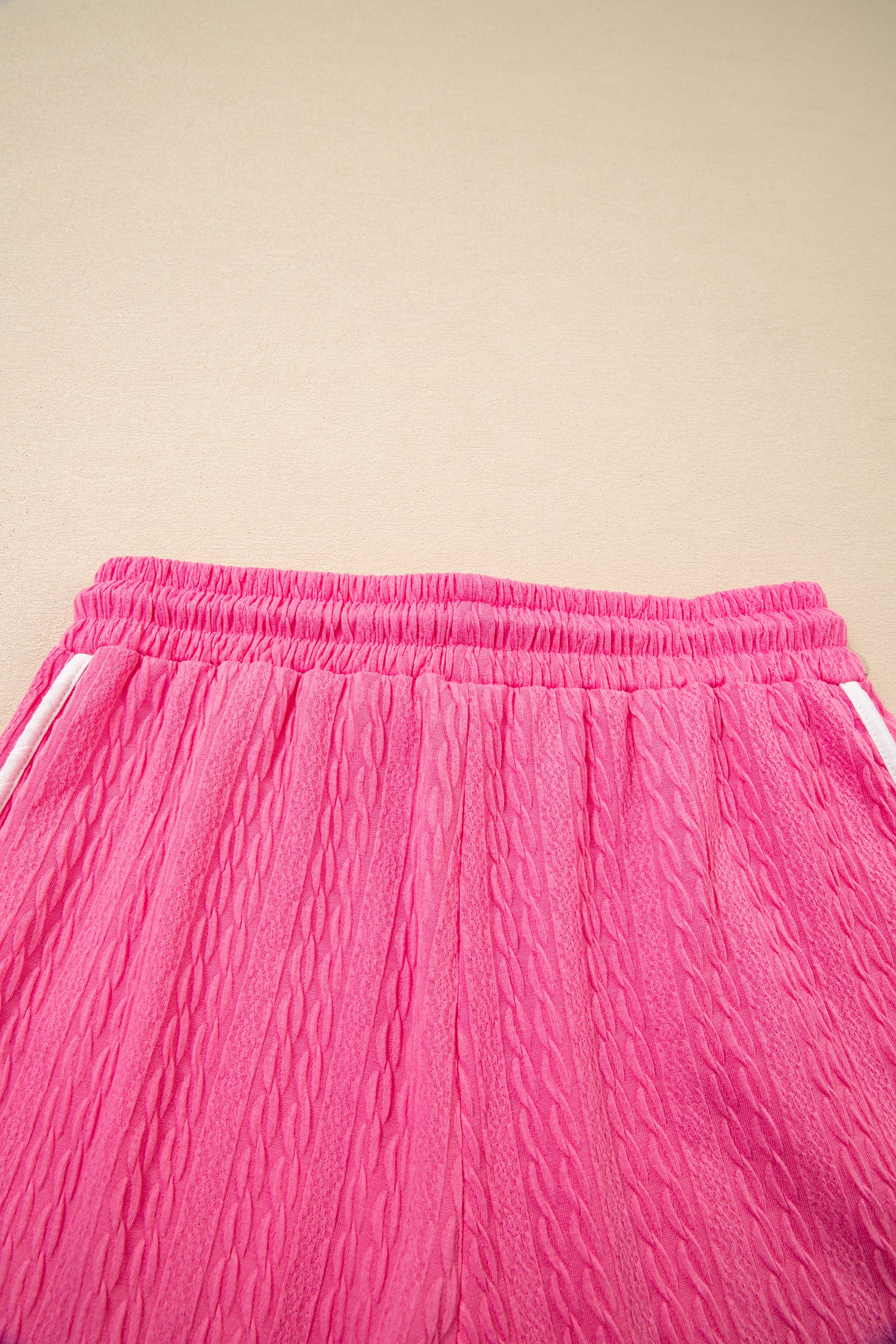 Bright Pink Textured Color Block Trim Loose Tee Drawstring Shorts 2pcs Set-Two Piece Sets/Short Sets-[Adult]-[Female]-2022 Online Blue Zone Planet
