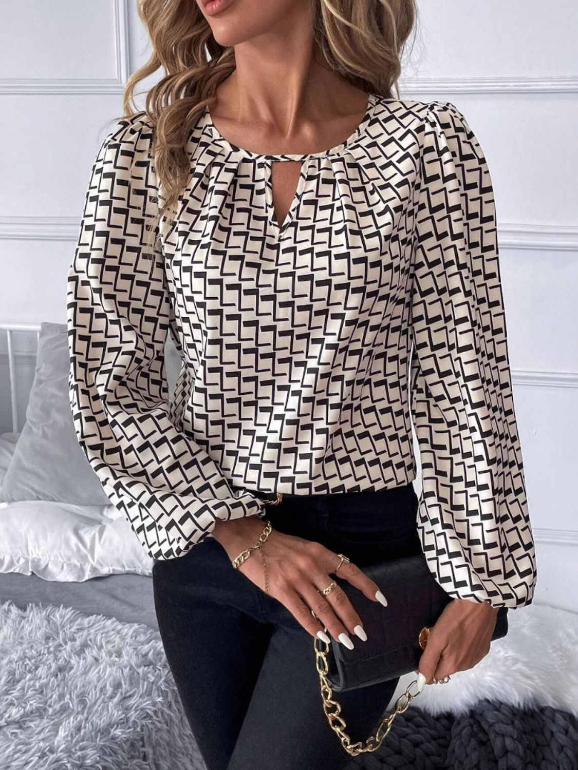 Cutout Printed Long Sleeve Blouse-TOPS / DRESSES-[Adult]-[Female]-Tan-S-2022 Online Blue Zone Planet