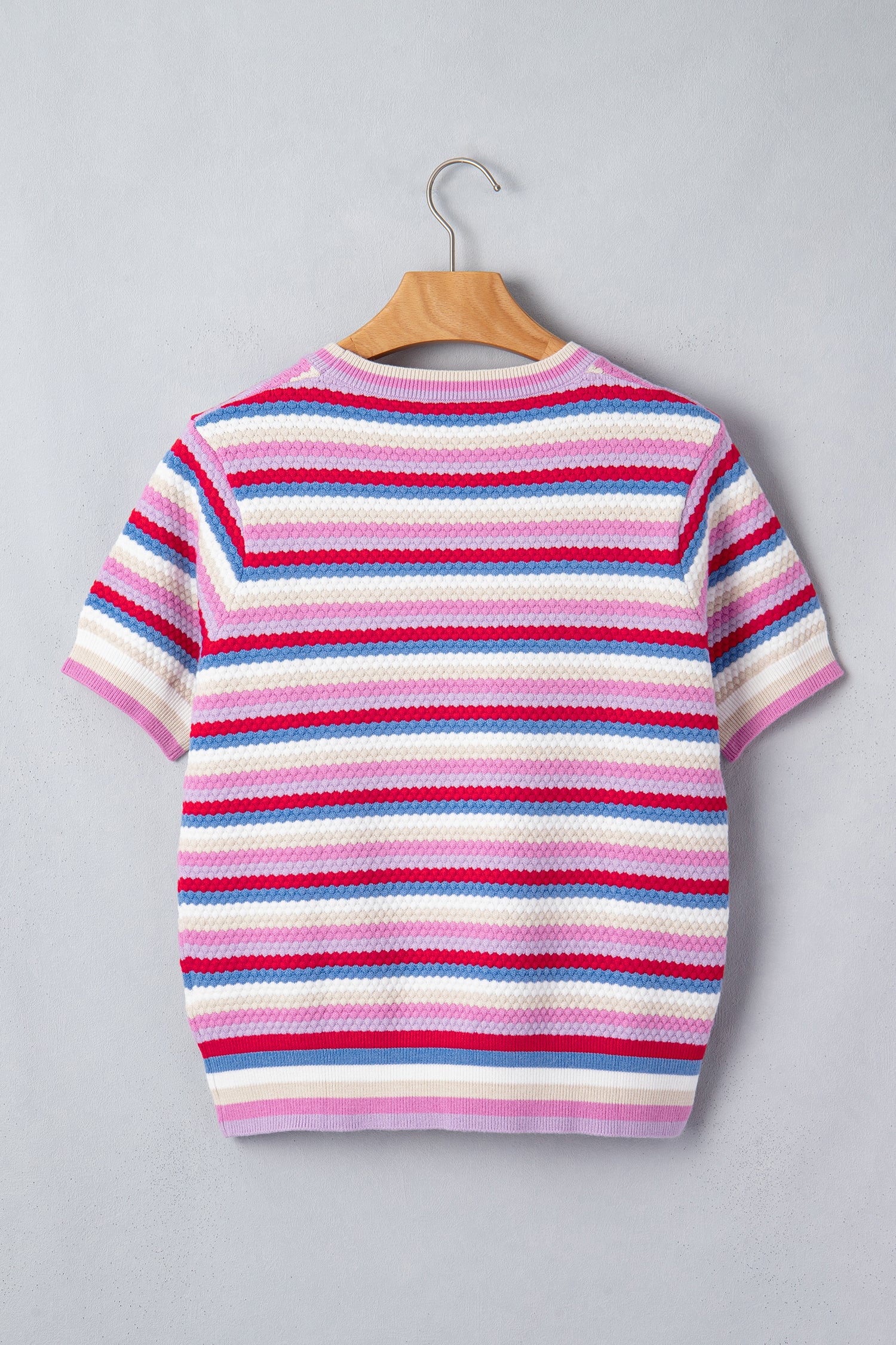 Multicolour Textured Stripes Knit Short Sleeve Sweater-Sweaters & Cardigans/Short Sleeve Sweaters-[Adult]-[Female]-2022 Online Blue Zone Planet