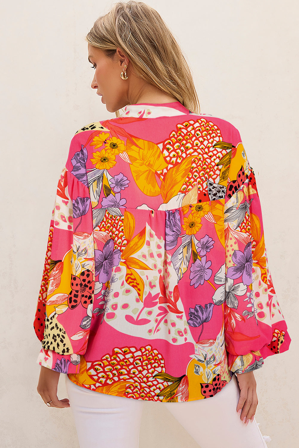 Red Abstract Floral Print Buttoned Ruffled Bubble Sleeve Shirt-Tops/Blouses & Shirts-[Adult]-[Female]-2022 Online Blue Zone Planet