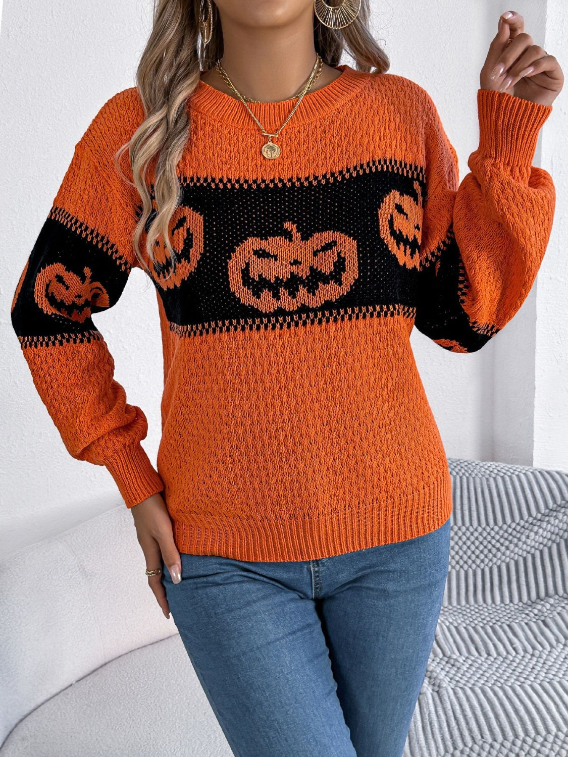 Pumpkin Round Neck Long Sleeve Sweater-TOPS / DRESSES-[Adult]-[Female]-2022 Online Blue Zone Planet