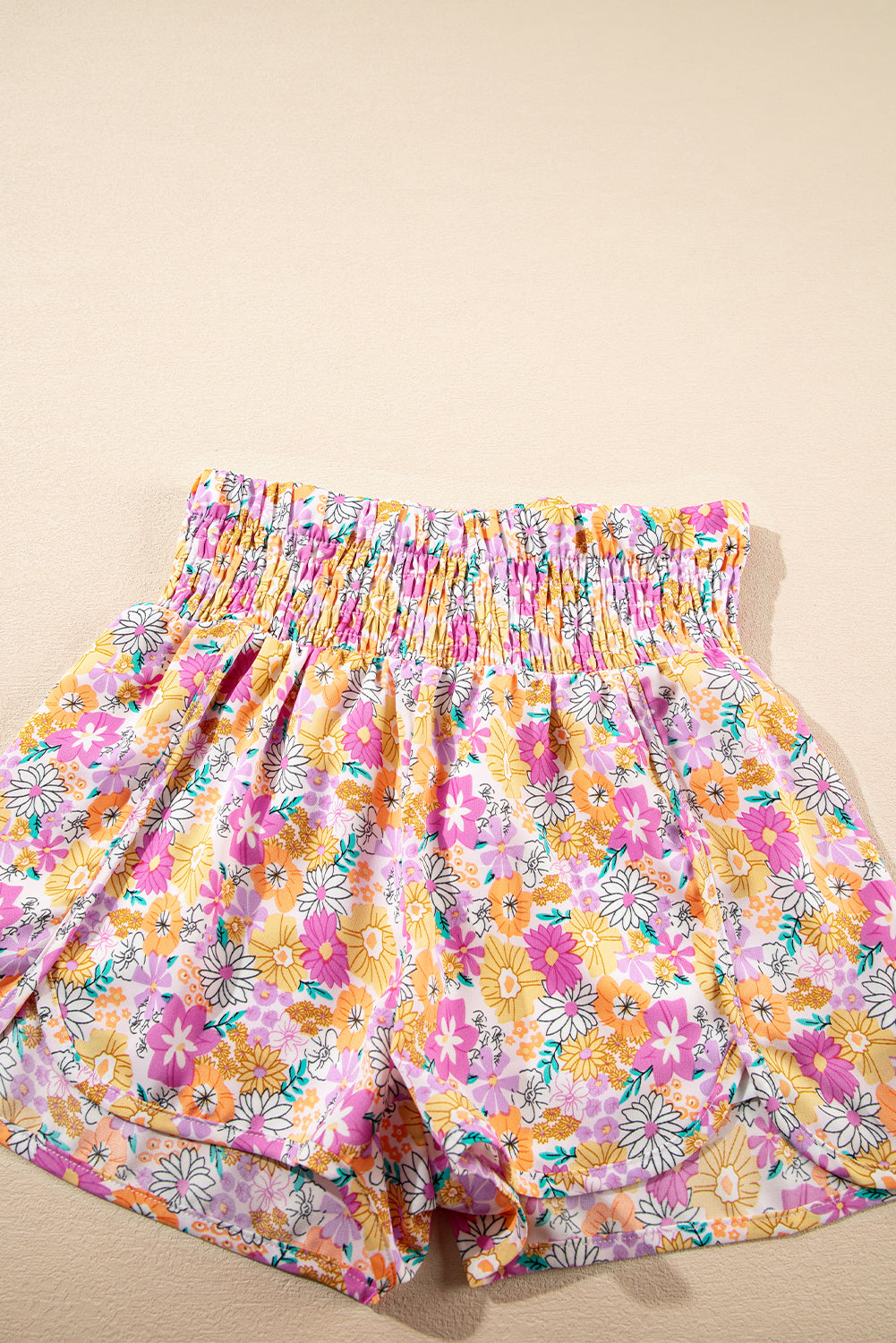 Orange Boho Floral Shirred High Waist Casual Shorts-Bottoms/Casual Shorts-[Adult]-[Female]-2022 Online Blue Zone Planet