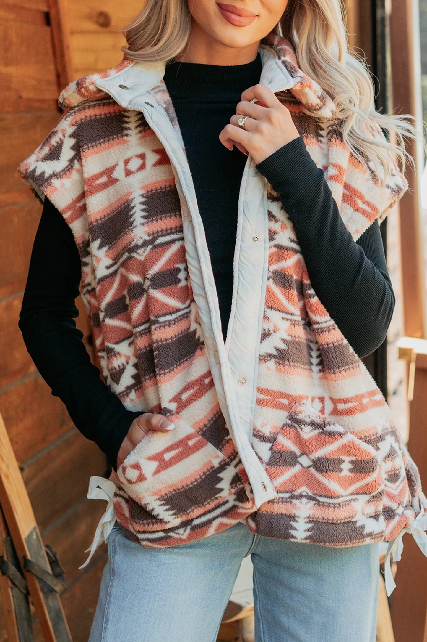 Multicolour Geometric Print Fleece Metal Button Placket Shift Silhouette Vest