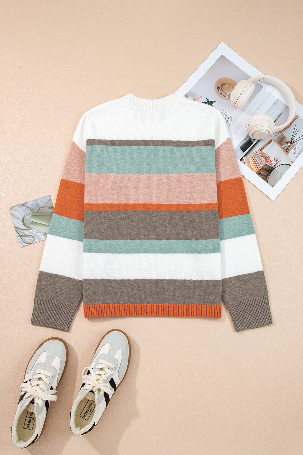 White Striped Color Block Knit Drop Shoulder Sweater-Sweaters & Cardigans/Sweaters-[Adult]-[Female]-2022 Online Blue Zone Planet