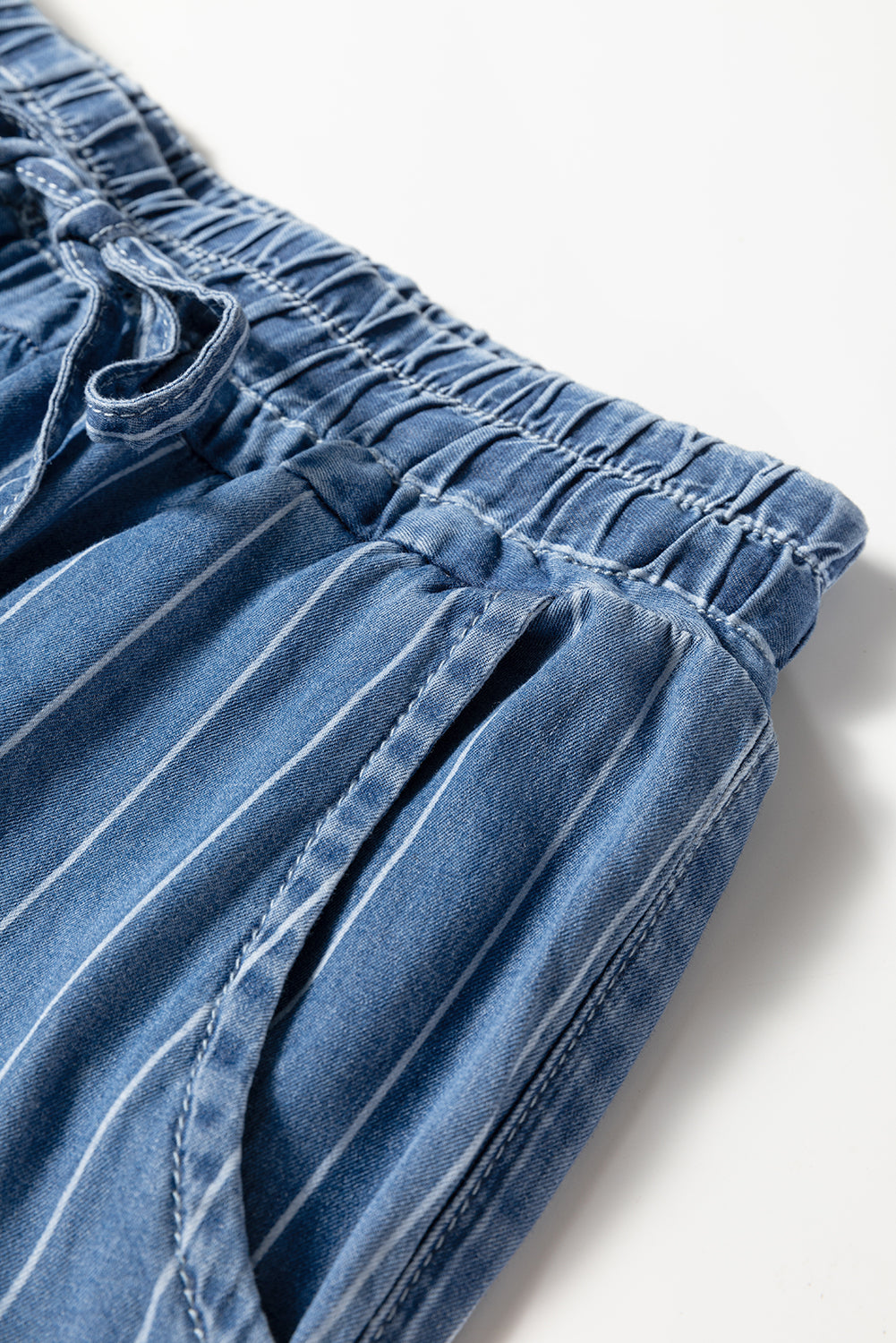 Blue Stripe Chambray Wide Leg Tied Elastic Waist Trousers-Bottoms/Pants & Culotte-[Adult]-[Female]-2022 Online Blue Zone Planet