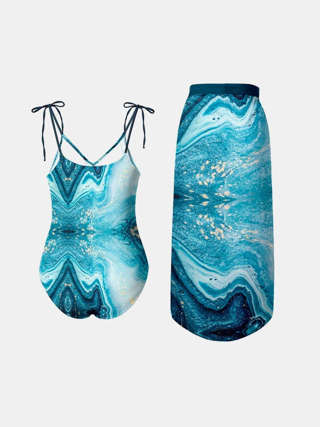 Printed Tie Shoulder Swimwear and Skirt Swim Set-TOPS / DRESSES-[Adult]-[Female]-2022 Online Blue Zone Planet