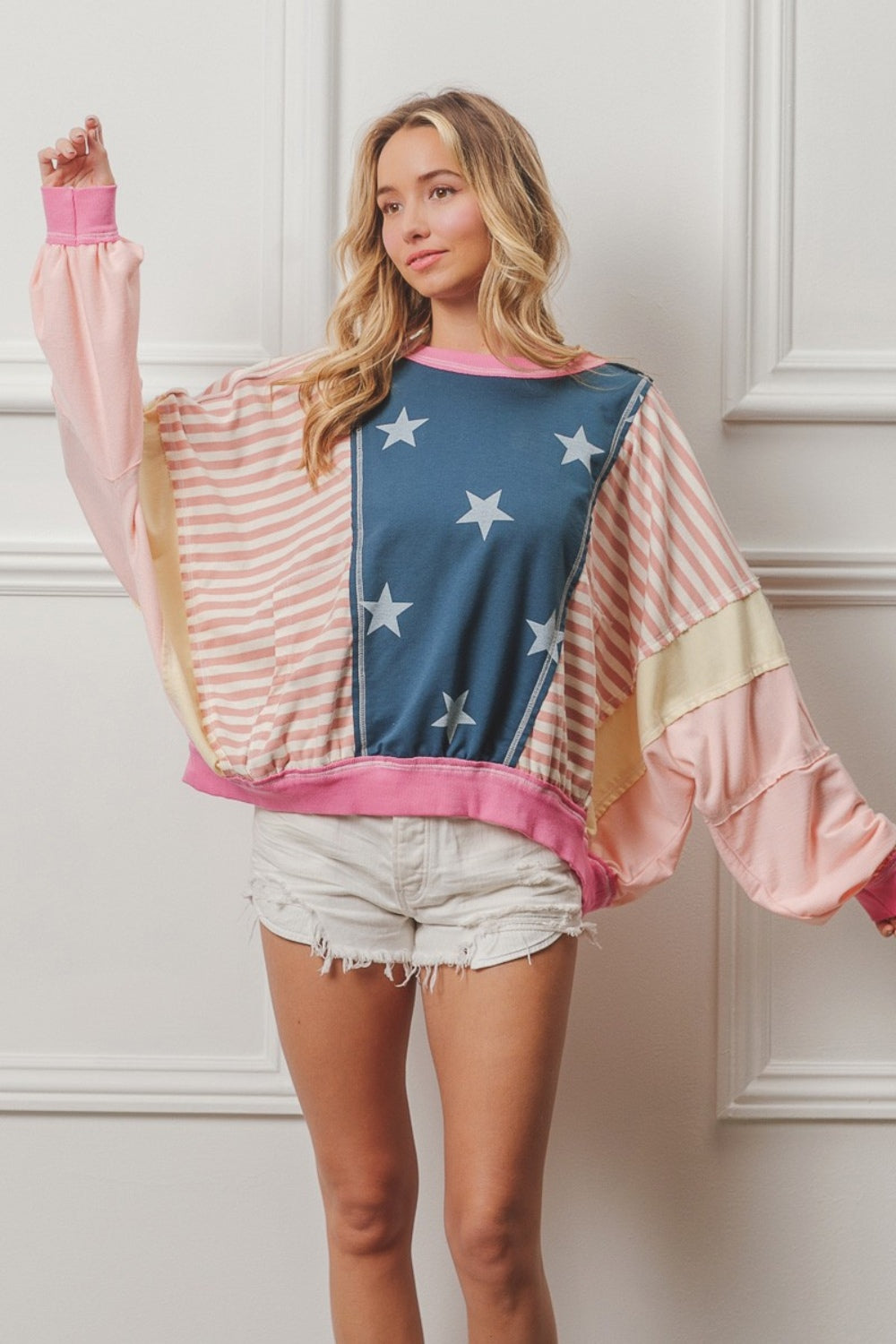 BiBi Stars and Stripes Round Neck Long Sleeve Top-TOPS / DRESSES-[Adult]-[Female]-2022 Online Blue Zone Planet