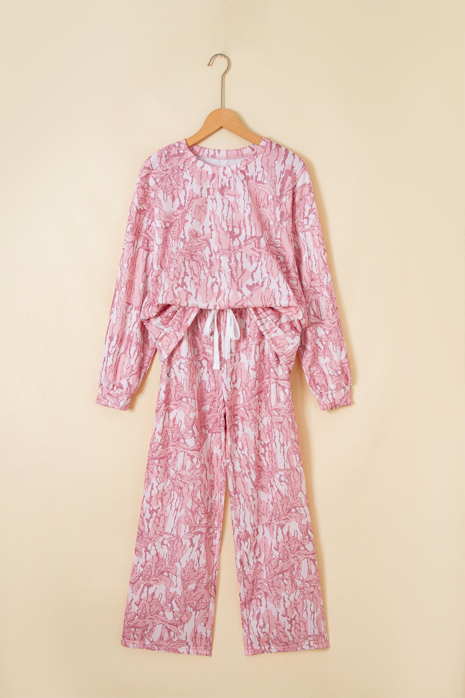 Pink Abstract Floral Print Loose Pullover Drawstring Pants 2pcs Set-Two Piece Sets/Pant Sets-[Adult]-[Female]-2022 Online Blue Zone Planet