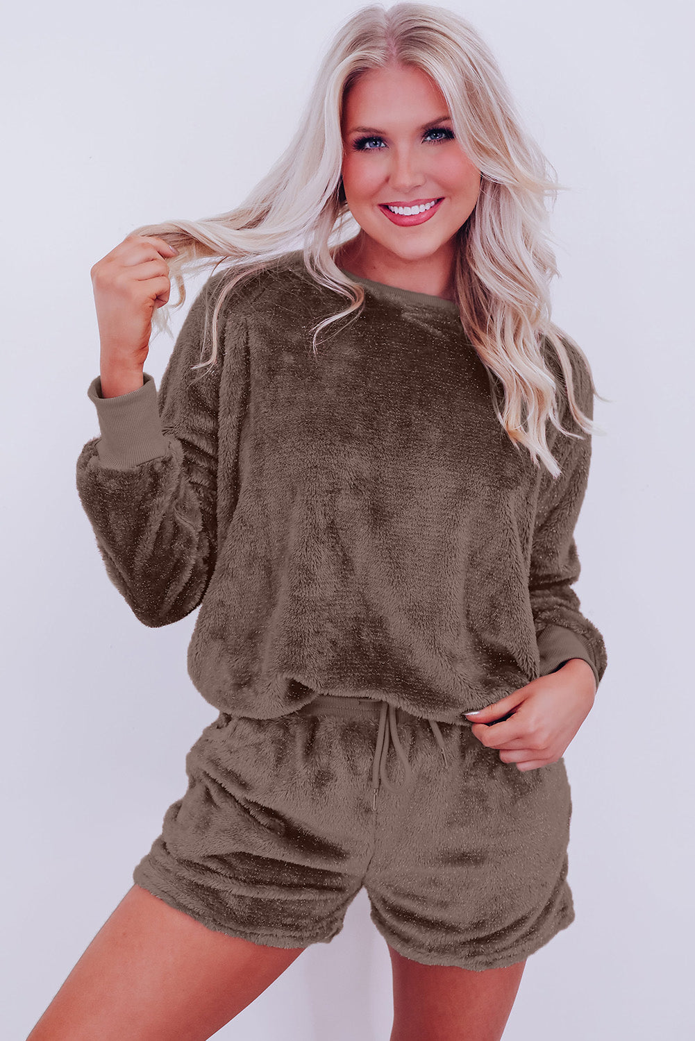 Coffee Solid Loose Fit Two Piece Fleece Lounge Set-Loungewear & Sleepwear/Loungewear-[Adult]-[Female]-2022 Online Blue Zone Planet