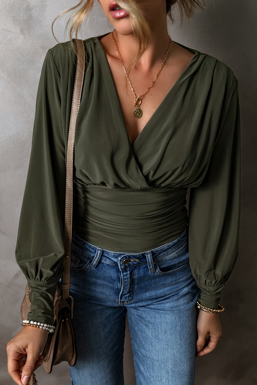 Moss Green Ruched Wrap V Neck Long Sleeve Bodysuit-Tops/Bodysuits-[Adult]-[Female]-Moss Green-S-2022 Online Blue Zone Planet