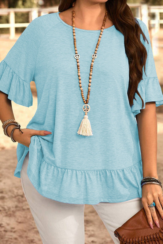 Light Blue Ruffled Short Sleeve Plus Size Casual Blouse-Plus Size/Plus Size Tops/Plus Size Blouses & Shirts-[Adult]-[Female]-Light Blue-1X-2022 Online Blue Zone Planet