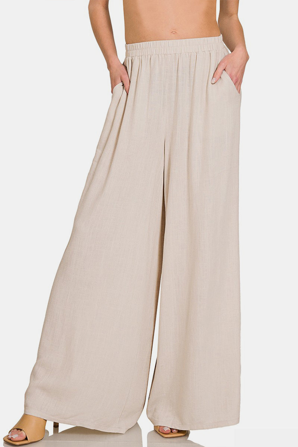 Zenana Pleated Linen Blend Wide Leg Pants-BOTTOMS SIZES SMALL MEDIUM LARGE-[Adult]-[Female]-Sand Beige-S-2022 Online Blue Zone Planet