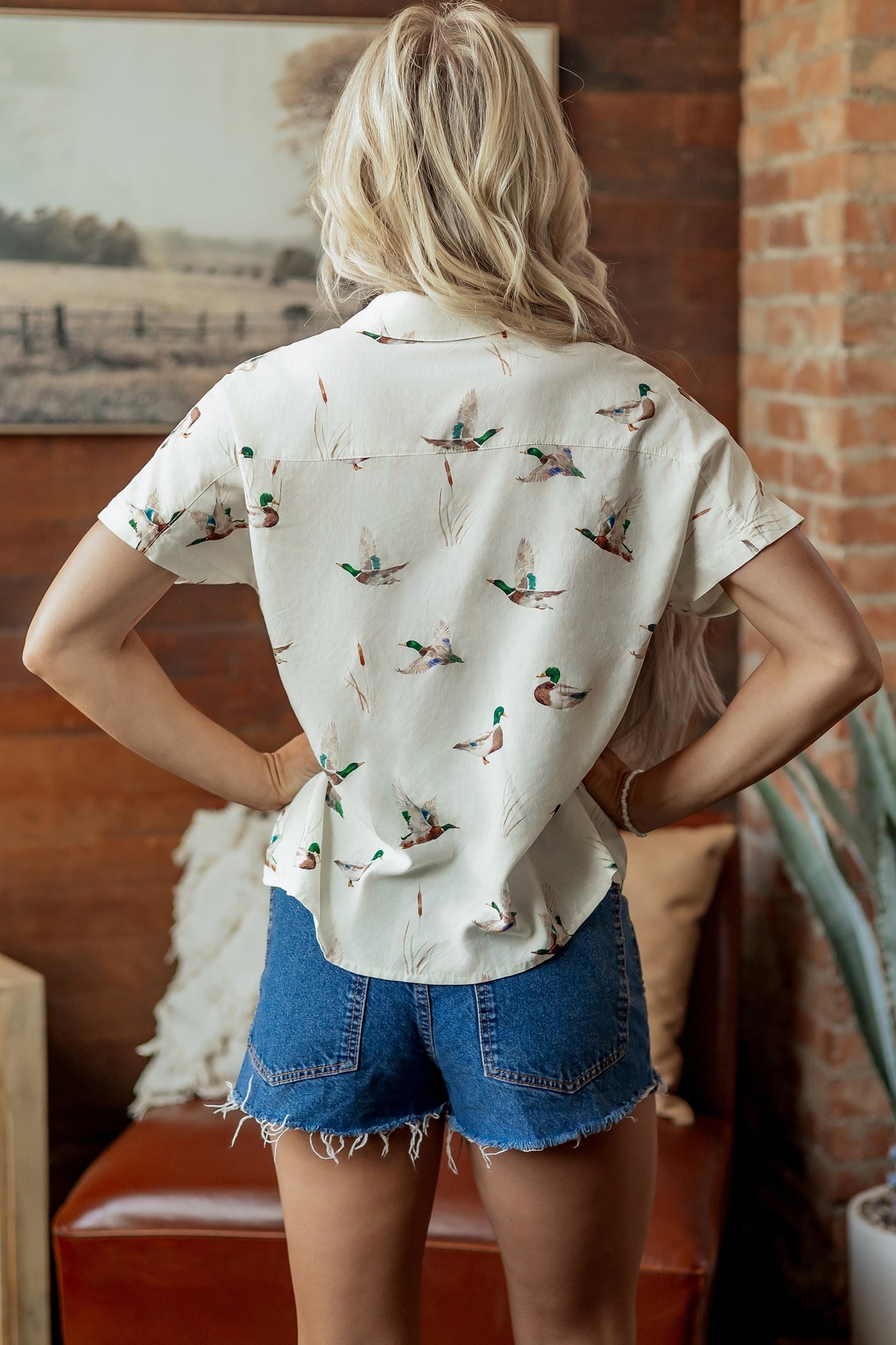 White Mallard Printed Button Flap Pocket Short Sleeve Shirt-Tops/Blouses & Shirts-[Adult]-[Female]-2022 Online Blue Zone Planet