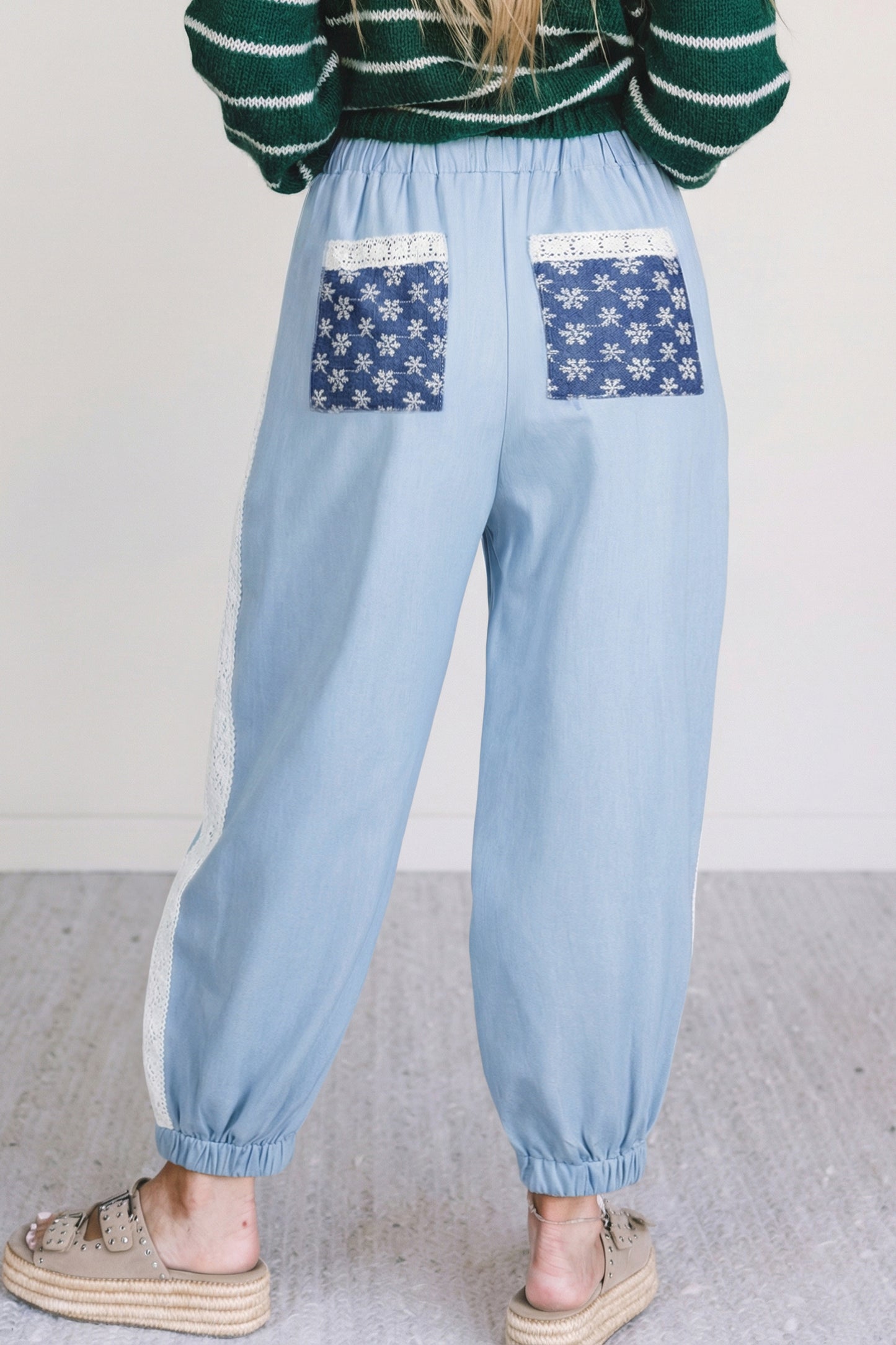 Beau Blue Lace Accent Floral Patched Pocket Pleated Wide Leg Slouchy Pants-Bottoms/Pants & Culotte-[Adult]-[Female]-2022 Online Blue Zone Planet