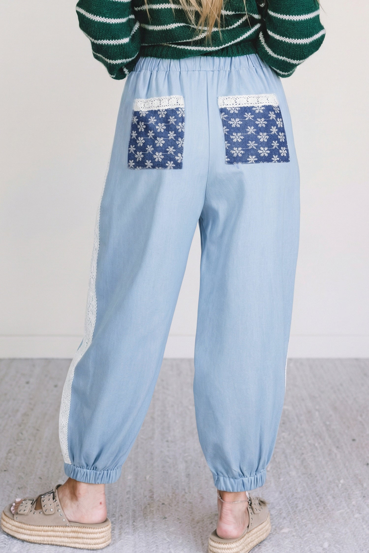 Beau Blue Lace Accent Floral Patched Pocket Pleated Wide Leg Slouchy Pants-Bottoms/Pants & Culotte-[Adult]-[Female]-2022 Online Blue Zone Planet