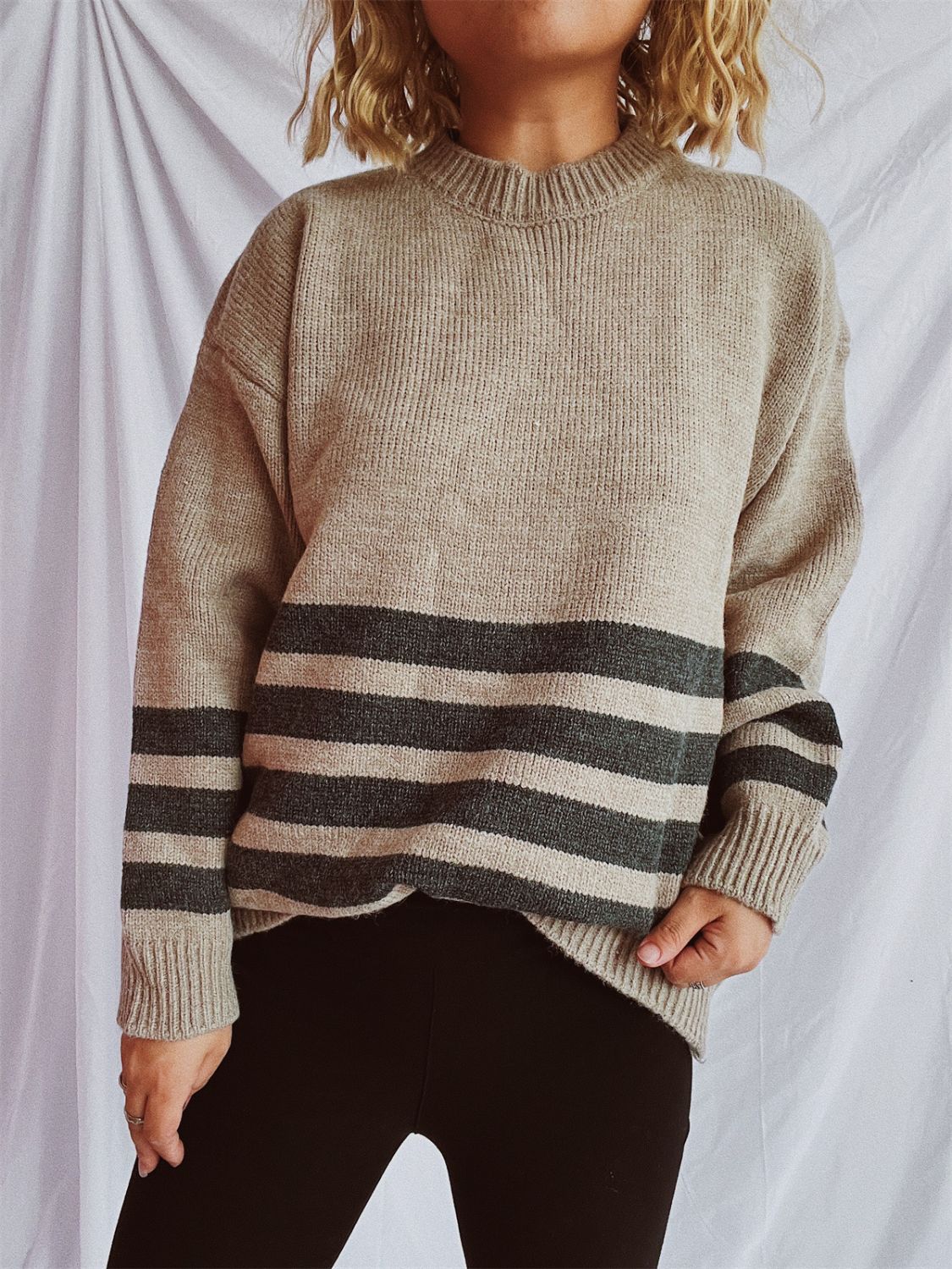 Striped Dropped Shoulder Long Sleeve Sweater-TOPS / DRESSES-[Adult]-[Female]-Mocha-One Size-2022 Online Blue Zone Planet