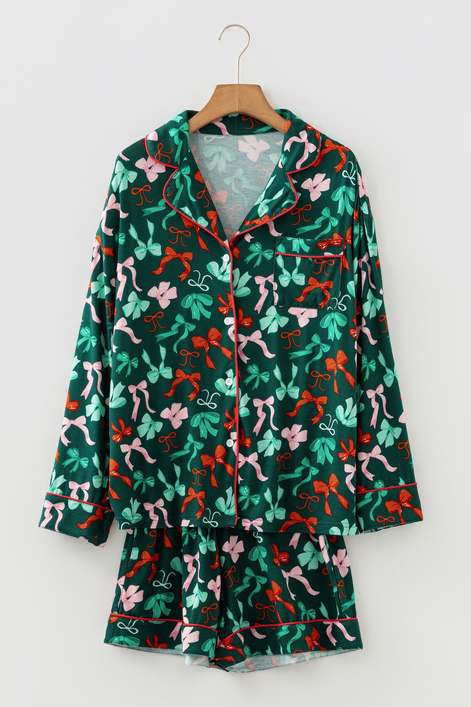 Green Festive Bow Print Long Sleeve Shirt and Pajama Short Set-Loungewear & Sleepwear/Loungewear-[Adult]-[Female]-2022 Online Blue Zone Planet
