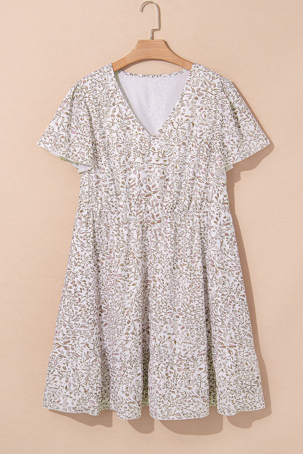 White Floral V Neck Ruffled Short Sleeve Plus Size Dress-TOPS / DRESSES-[Adult]-[Female]-2022 Online Blue Zone Planet