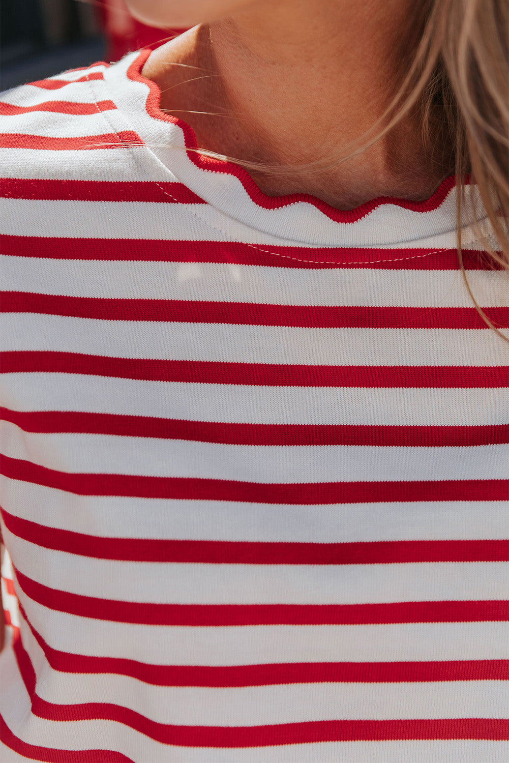 Red Stripe Scalloped Trim Round Neck T Shirt-Tops/Tops & Tees-[Adult]-[Female]-2022 Online Blue Zone Planet