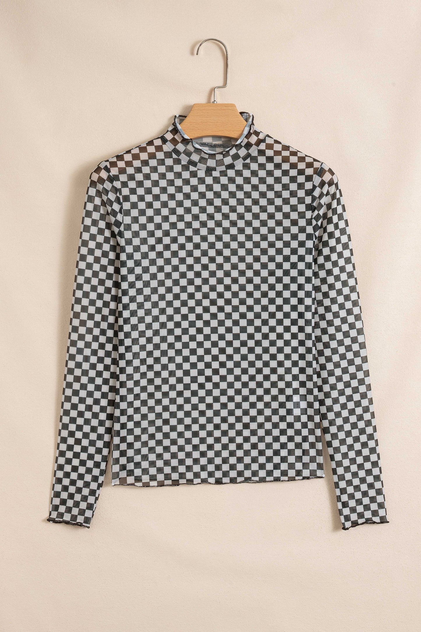 Black Plaid Stand Neck Long Sleeve Mesh Top-Tops/Long Sleeve Tops-[Adult]-[Female]-2022 Online Blue Zone Planet