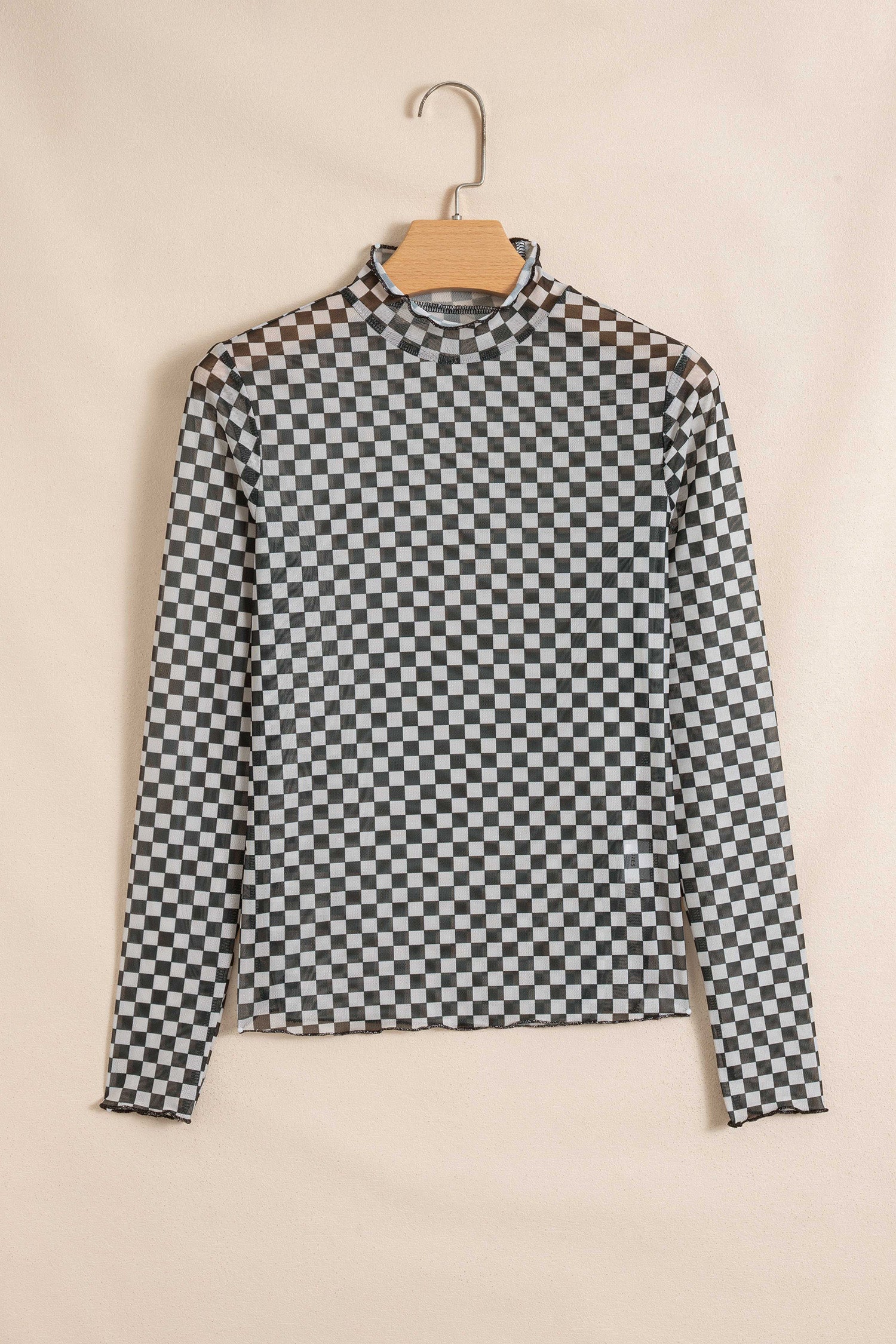 Black Plaid Stand Neck Long Sleeve Mesh Top-Tops/Long Sleeve Tops-[Adult]-[Female]-2022 Online Blue Zone Planet
