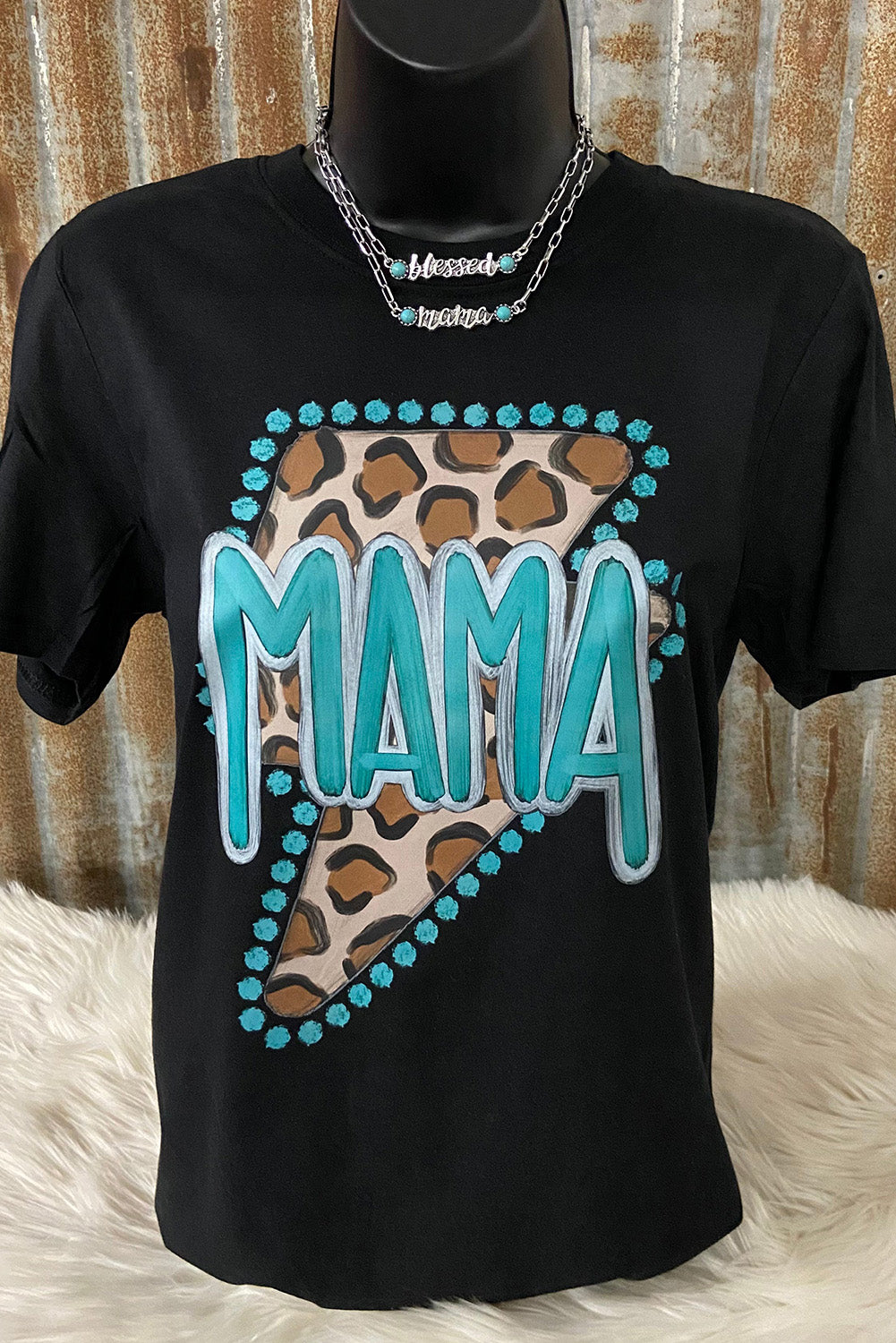 Black Western MAMA Leopard Lightning Graphic Tee-Graphic/Graphic Tees-[Adult]-[Female]-2022 Online Blue Zone Planet