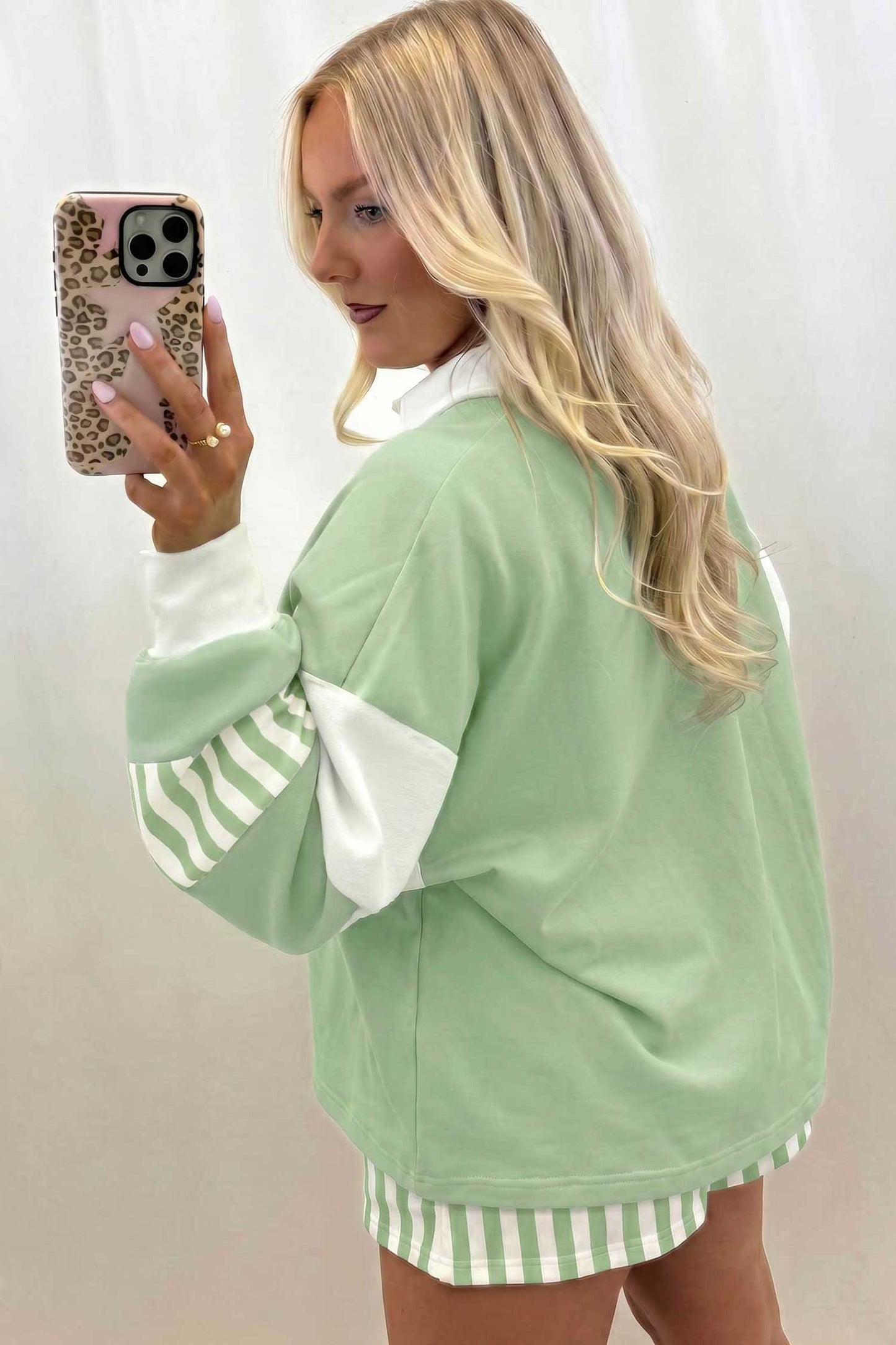 Gossamer Pink Striped Color Block Pullover Top Drawstring Shorts Set