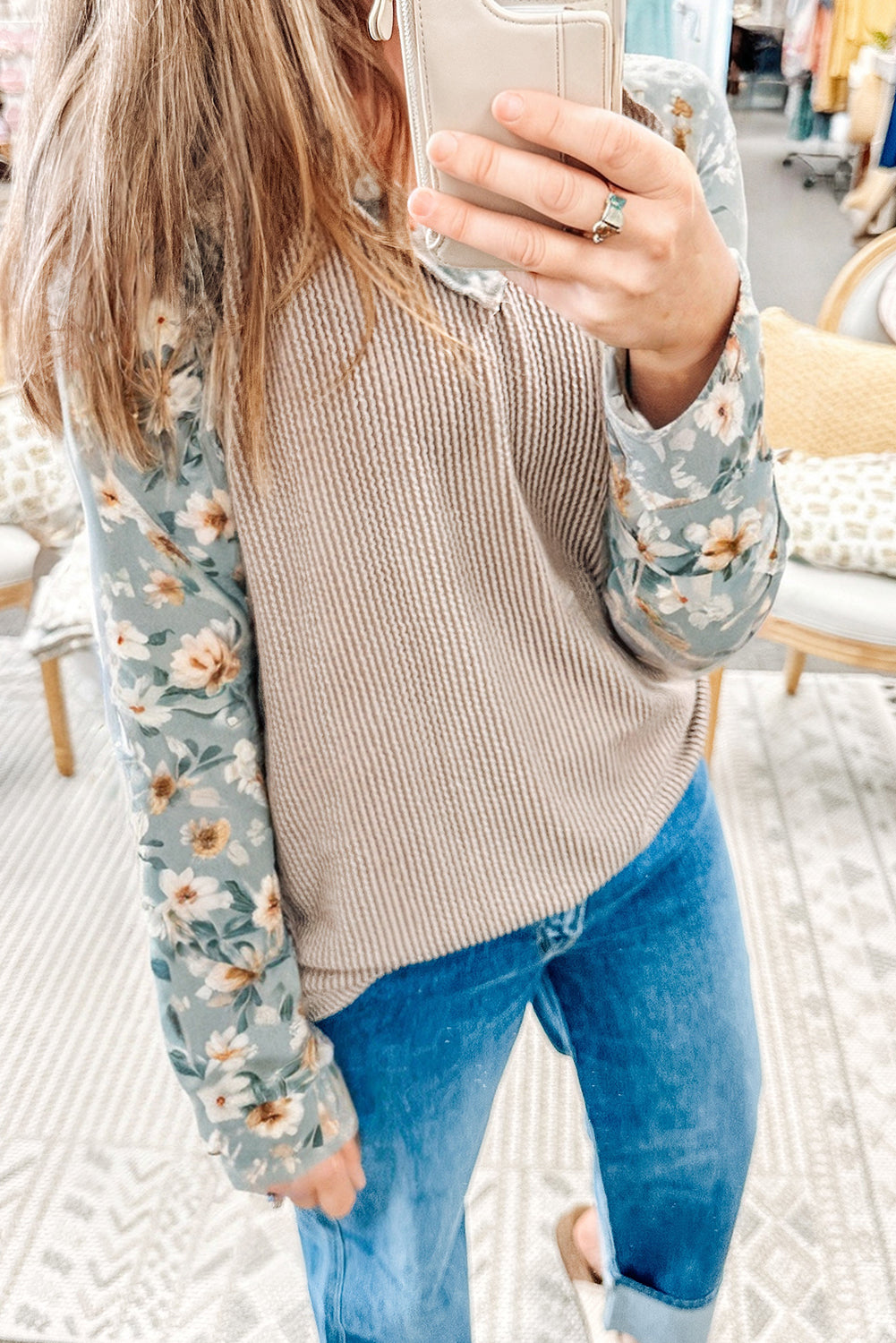 Parchment Twist Ribbed Floral Contrast Patchwork Long Sleeve Top-Tops/Long Sleeve Tops-[Adult]-[Female]-Parchment-S-2022 Online Blue Zone Planet