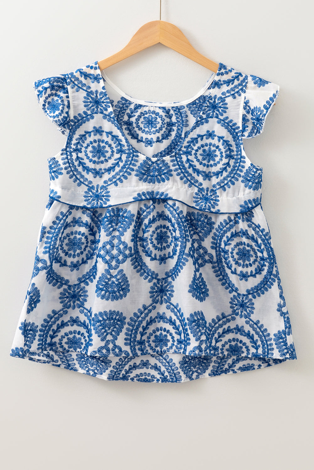 Blue Boho Print Flutter Sleeve Crew Neck Blouse-Tops/Blouses & Shirts-[Adult]-[Female]-2022 Online Blue Zone Planet