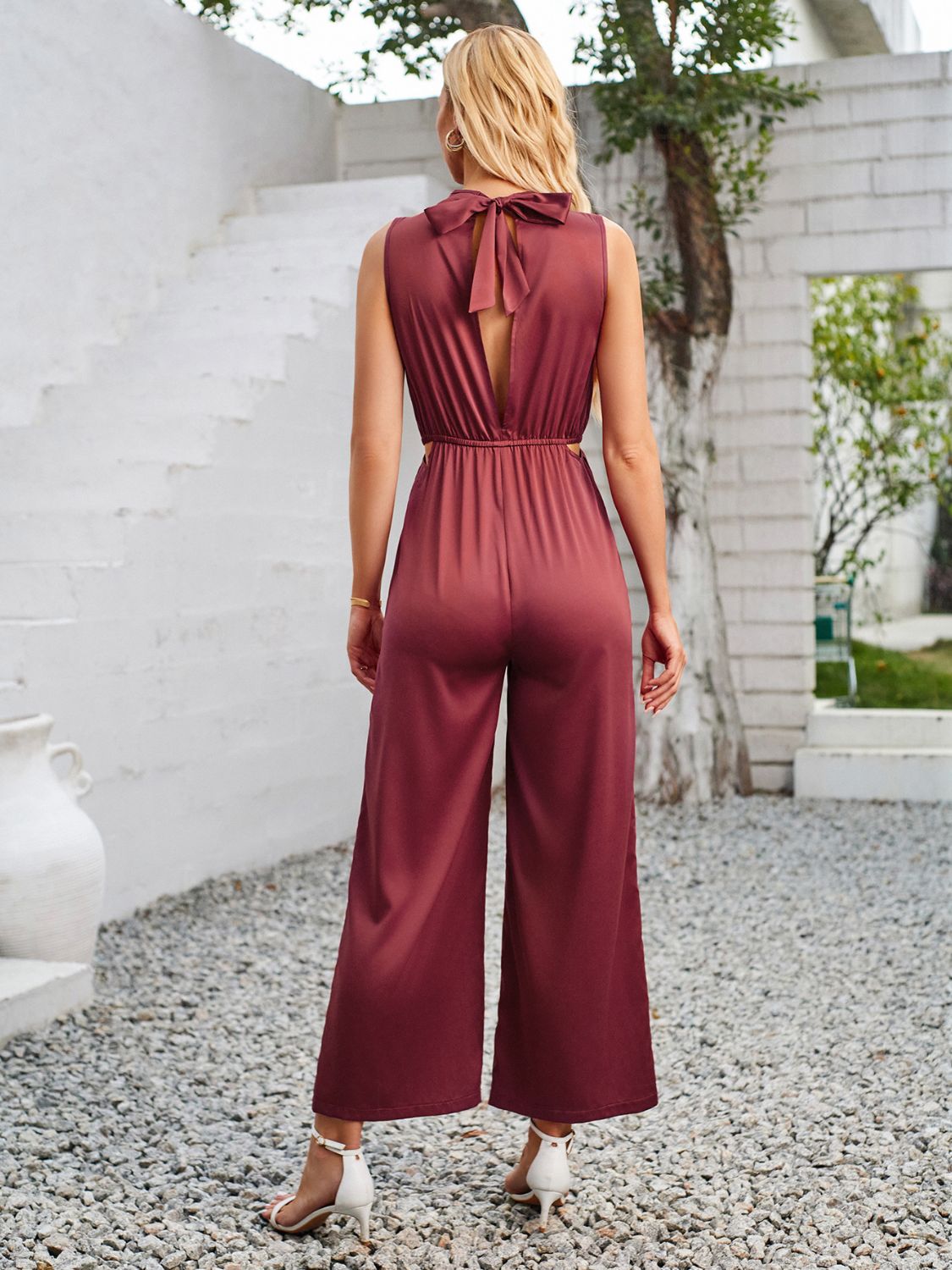 Cutout Tied Wide Leg Sleeveless Jumpsuit-[Adult]-[Female]-2022 Online Blue Zone Planet